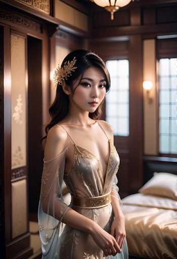 A stunning portrait of a young woman in an elaborate, ethereal gown. The woman is positioned centrally, facing the viewer with a direct, captivating gaze. Her long, dark hair cascades over her shoulders, adorned with an intricate gold floral headpiece. She wears a shimmering, sheer gown in muted silver and gold tones, featuring delicate embellishments on the bodice and sleeves. The dress has a deep V-neckline and thin straps, revealing her shoulders. A wide gold belt cinches the waist, adding a touch of elegance. 

The background is softly blurred, suggesting an opulent interior with dark wooden paneling and warm lighting. A glimpse of a bed with golden bedding is visible in the background, further enhancing the luxurious atmosphere. The overall lighting is soft and diffused, highlighting the woman's features and the intricate details of her attire. The image exudes a sense of grace, sophistication, and timeless beauty.