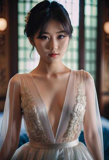 A young woman in a delicate, sheer white gown with intricate gold embroidery is looking directly at the viewer. The dress features a deep V-neck and long, sheer sleeves that drape elegantly. Her dark hair is styled in an updo with a subtle gold hairpiece, and she has a soft, neutral makeup look. The background is softly blurred, with warm, muted tones suggesting an indoor setting with soft lighting. Her expression is serene and captivating, drawing the viewer's attention to her gentle gaze. The overall style of the image is elegant and ethereal, with a focus on soft light and delicate textures.