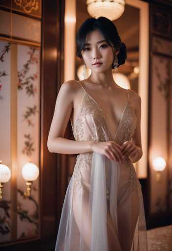A woman in a sheer, embellished gown stands gracefully in a dimly lit room. The dress is primarily transparent, revealing her body underneath, with delicate gold embellishments adorning the bodice and skirt. She wears long, dangling earrings that complement the gown's elegance. Her dark hair is styled in a sophisticated updo, and her expression is serene yet alluring. The background features ornate gold-framed mirrors with floral patterns, reflecting soft light sources that create a warm and intimate atmosphere. The overall aesthetic is one of understated luxury and quiet confidence, with the focus on the woman's graceful pose and the delicate details of her attire.