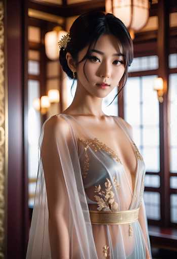A woman in an elegant, sheer pale blue gown with gold floral details is the central focus. She's positioned in a dimly lit, ornate setting with traditional Chinese architectural elements and soft lanterns. The art style is a blend of fashion photography and digital painting, emphasizing delicate textures and a serene, slightly ethereal atmosphere.