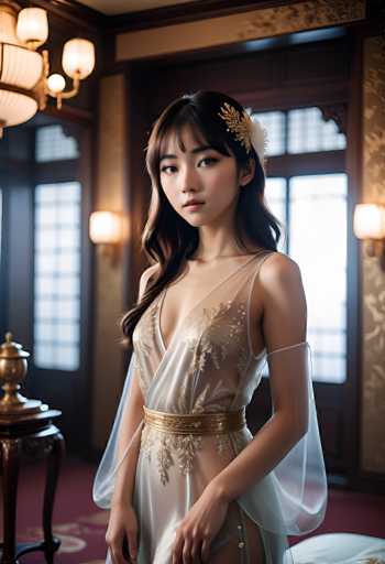 A young woman with long, dark hair and a gentle expression is the focal point of this portrait. She's wearing an elegant, sheer white gown with intricate gold detailing on the bodice and a matching gold belt. The dress has delicate, sheer sleeves that drape around her arms. Her hair is styled with a white floral accessory, and she's looking directly at the viewer with a soft gaze. 

The background is softly blurred, but it appears to be an opulent room with warm lighting and ornate details. There's a glimpse of a dark wooden table on the left, with a lamp featuring intricate gold accents. The overall lighting is soft and diffused, creating a dreamy atmosphere. The color palette is muted, with shades of white, gold, and warm browns dominating the scene.