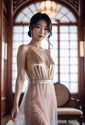 A woman in a sheer gold dress stands in a dimly lit room, looking directly at the viewer. The dress is semi-transparent, revealing her body underneath, and has a shimmering gold fabric with a deep V-neck. She wears a thin gold belt around her waist and has dark hair styled in soft waves, adorned with pearl-like hair accessories. Her makeup is subtle yet enhances her features, and she has a serious expression on her face. The background is blurred, focusing attention on the woman, and features an ornate window with a warm light source behind it. The overall mood is elegant and sensual, with the lighting creating a soft, dreamy atmosphere.