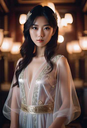 A stunning woman with long, dark hair and a delicate gold crown is centrally positioned in a softly lit, opulent setting. She wears a sheer, intricately embellished gown with a gold belt, her gaze direct and captivating. The background features blurred warm lights, creating a luxurious, slightly vintage atmosphere.