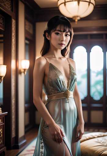 A young woman stands confidently against a backdrop of a room with a large window and a chandelier hanging from the ceiling. She is wearing a long, flowing dress that reaches down to her feet, featuring a deep blue color with gold accents. The woman's hair is styled in an elegant updo, adding to her poised demeanor.