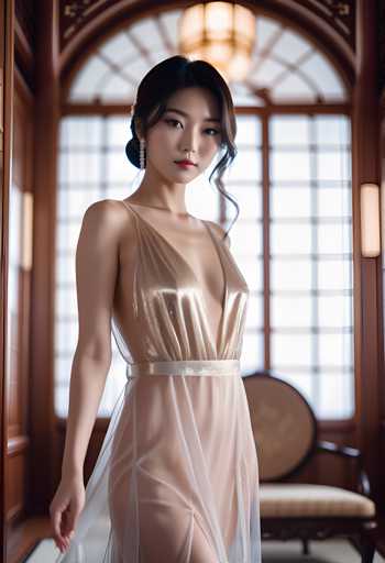 A woman is standing in front of a window with her hair styled in an elegant updo and wearing a gold dress that falls just below the knee. The room has wooden paneling on the walls and a white chair placed against one wall.