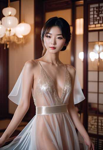 A young woman is captured in a moment of elegance and grace. She is adorned in a white dress that cascades down to her feet, with a sheer skirt that adds an air of sophistication. The dress features a deep V-neckline and a long train that flows behind her as she walks. Her hair is styled in an updo, adding to the overall polished appearance. The setting appears to be indoors, possibly within a room or a building, as indicated by the presence of a chandelier hanging from the ceiling.