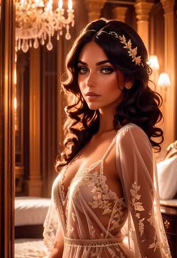 A stunning portrait of a woman in a luxurious, ethereal gown. The image is rendered in a highly detailed, painterly style with soft lighting and warm tones, evoking a sense of fantasy and elegance. The woman has long, flowing dark hair adorned with delicate floral accents, and her eyes are captivatingly expressive. She is wearing a sheer, intricately detailed gown with lace and floral embellishments, revealing a hint of skin. The background is softly blurred, suggesting an opulent room with ornate details like a crystal chandelier and golden architectural elements. The overall mood is one of mystery, beauty, and timeless elegance.