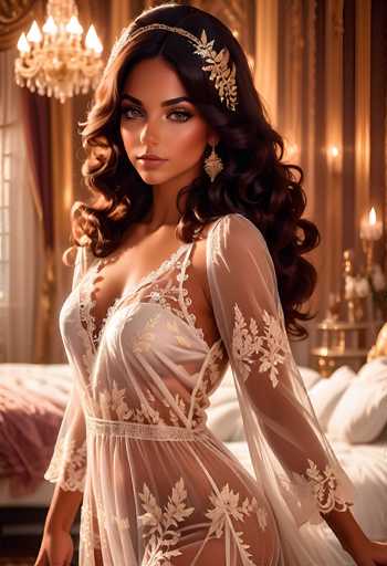 A stunning woman with voluminous, dark curly hair and captivating eyes is the central focus. She wears a delicate, sheer white gown with intricate floral lace detailing and ornate gold jewelry. The soft lighting creates a luxurious, intimate atmosphere in an opulent bedroom setting with a crystal chandelier and plush bedding. The art style is highly detailed, leaning towards digital painting with a focus on realistic textures and lighting.