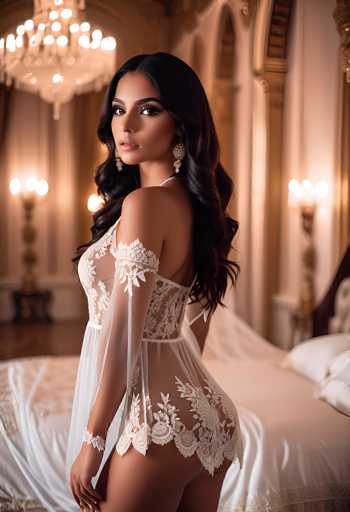 A woman in a white lace lingerie bodysuit stands in an opulent bedroom, looking over her shoulder. The focus is on the intricate details of the lace and the woman's elegant pose, with a soft, warm lighting creating a luxurious atmosphere.