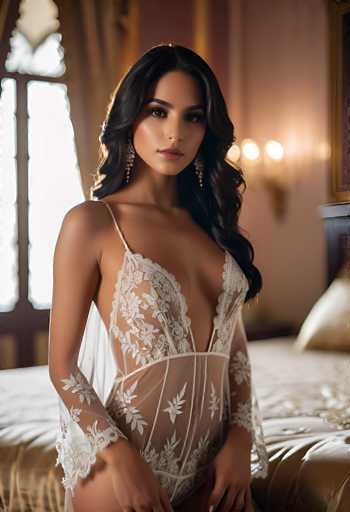 A stunning woman with long, dark hair and elegant jewelry is the central focus. She's wearing a sheer lace lingerie bodysuit, partially revealing her body. The soft lighting and blurred background create a sensual, intimate atmosphere with a focus on the model's beauty.