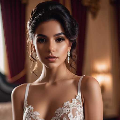 A woman with long dark hair is the central figure in this image. She is wearing a white strapless dress and has her hair styled in an elegant updo. The background features a red curtain that adds a touch of color to the scene. There are two lamps present in the room, one on each side of the window behind the woman.