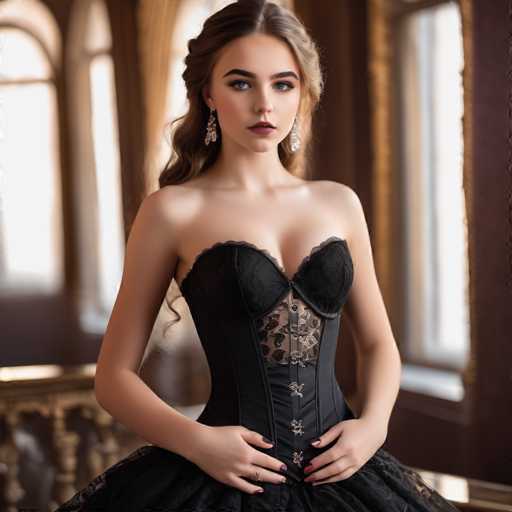 A young woman in a black, ornate corset and skirt poses elegantly, her gaze direct. The soft lighting highlights the intricate details of the garment against a blurred, vintage-style background with arched windows. The overall style is romantic and dramatic, emphasizing a timeless, possibly historical aesthetic.
