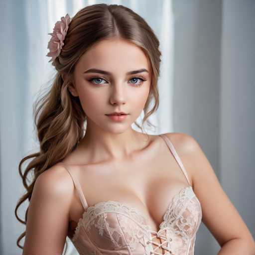 A young woman with long brown hair is the main subject of this image. She is wearing a white lace bra and has her hair styled in loose waves. The background features a white curtain that contrasts with the woman's attire.