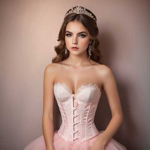 A young woman in a pink corset and tulle skirt, adorned with a jeweled tiara and earrings, poses against a soft, muted peach backdrop. Her elegant attire suggests a fairytale or fantasy theme. The lighting is soft and focused, highlighting her features and the delicate details of her outfit.