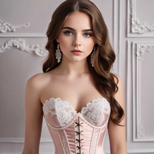 A young woman with long, wavy brown hair and striking blue eyes is centrally positioned, wearing a delicate pink corset with lace detailing. She's adorned with ornate, dangling earrings and gazes directly at the viewer. The backdrop is a softly textured, muted gray wall with ornate white paneling, creating a vintage, elegant aesthetic.