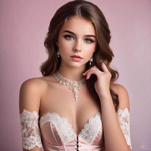 A young woman with long, wavy brown hair and striking blue eyes is the central focus. She wears a delicate pink corset with intricate white lace, complemented by a sparkling pearl necklace and elegant drop earrings. Her pose is intimate, with one hand gently touching her hair, creating a soft, romantic portrait with a focus on beauty and detail. The art style is a blend of fashion photography and digital artistry, emphasizing soft lighting and a pastel color palette.