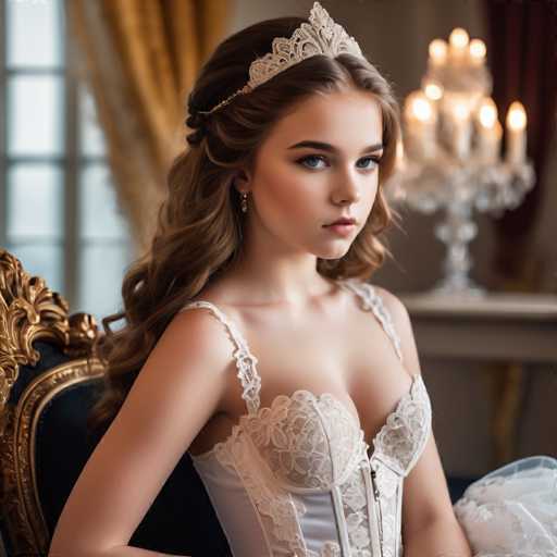 A young woman with flowing, wavy blonde hair and a delicate lace bodice sits elegantly in an ornate gold chair. She wears a sparkling tiara, gazing thoughtfully towards the viewer. The opulent setting features a grand chandelier and rich, draped fabrics, creating a romantic, vintage-inspired portrait with soft lighting.
