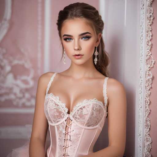 A woman with long brown hair and a ponytail is wearing a white lace corset and earrings against a pink wall backdrop featuring a floral pattern.