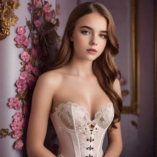 A young woman with long brown hair is standing against a purple wall adorned with pink flowers and gold accents. She is wearing a white strapless corset that features lace detailing on the bodice and straps. The woman's gaze is directed straight at the camera, creating an engaging portrait.