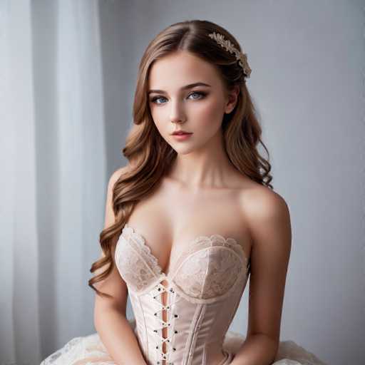 A young woman with long, wavy brown hair and striking blue eyes is the central focus, wearing a delicate, light pink corset-style top. She's positioned against a softly blurred backdrop of sheer white curtains, creating a soft, ethereal atmosphere. The art style is a blend of fashion photography and digital painting, emphasizing a romantic, elegant aesthetic with soft lighting.