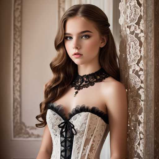 A young girl in a delicate, ornate black and white lace corset and choker stands against a textured, patterned wall. Her long, wavy hair frames her face, and she gazes directly at the viewer with a soft expression. The lighting is soft and warm, creating an elegant, vintage-inspired portrait.
