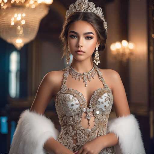 A woman is standing against a dark background with a large chandelier hanging above her head. She is wearing an elaborate white dress adorned with gold accents and a tiara on her head. The tiara has a large flower design at the center of it.