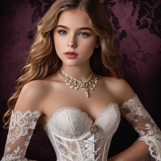 A young girl with flowing blonde hair and striking blue eyes is the central focus, wearing an ornate white lace corset and a jeweled necklace. She's positioned against a dark, patterned backdrop, creating a portrait with a vintage, elegant aesthetic. The lighting highlights her delicate features and the intricate details of her attire.