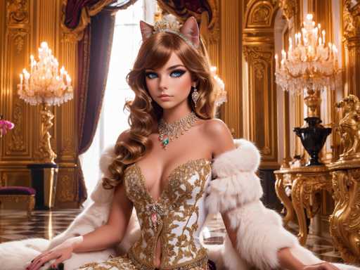 A woman is seated on a chair in a grand room with gold accents and chandeliers hanging from the ceiling. She is wearing a white fur coat and a tiara that has a cat's head design. The woman also wears a necklace with a large pendant featuring a cat.