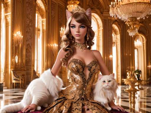 A woman is seated on a red velvet chair with a white fur coat draped over her shoulders and a gold tiara resting on her head. Next to her on the floor is a cat wearing a gold collar. The setting appears to be an opulent room with gold walls and chandeliers, suggesting it could be a palace or a grand ballroom.