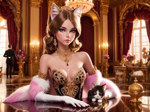 The image depicts a woman wearing a pink and gold corset with a large headdress on her head, sitting at a table with a cat resting on it. The setting appears to be an opulent room with gold accents, including a chandelier hanging from the ceiling. A man is also present in the scene, standing near the window.