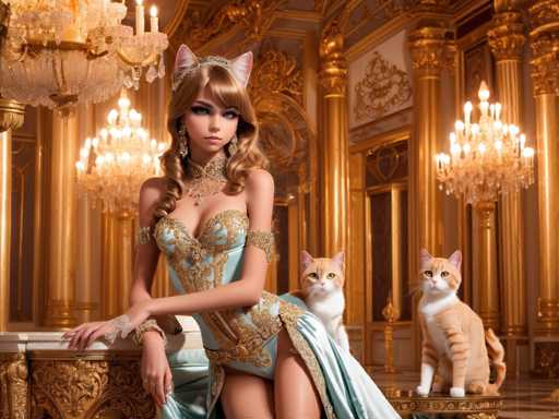 A woman with long blonde hair and a blue dress is seated on a bench in front of a chandelier, wearing a tiara and earrings. Two cats are sitting next to her on the ground, one orange and one white. The setting appears to be an opulent room with gold columns and a large window that lets in natural light.