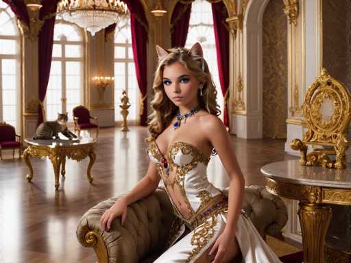 A woman is seated on a gold-colored couch in an opulent room with red curtains and gold accents. She is wearing a white dress with gold accents and has blonde hair styled in loose waves. A cat is sitting next to her on the floor. The room features a large window, a chandelier, and a table with a vase of flowers.