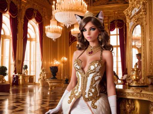 A woman is standing in front of a mirror wearing a white dress with gold accents and a tiara on her head. The room has gold walls and columns, and there is a vase on the table next to the woman.