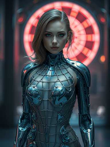 The image depicts a highly detailed, computer-generated female character with a striking blend of human and robotic features. She has long, dirty blonde hair that cascades over her right shoulder, partially covering her face. Her eyes are a vivid blue, and her lips are painted a bold red. The character is adorned in a sleek, metallic bodysuit that covers her entire body, including her arms, chest, and legs. The suit is predominantly silver with intricate black lines forming a web-like pattern across its surface. Notably, there are two circular metal plates over her breasts, and additional plates on her shoulders and hips. The background is blurred, but a large, illuminated dartboard with red and black segments is visible behind her, adding a sense of depth and context to the scene. The overall composition suggests a futuristic or sci-fi setting, possibly from a video game or movie.