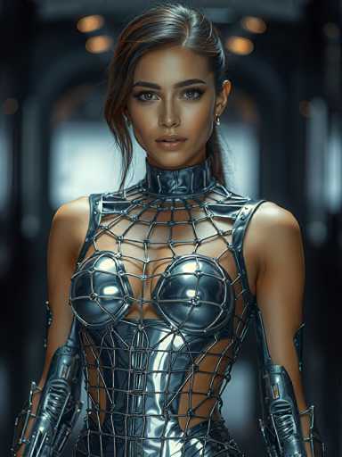 A woman in a futuristic, metallic bodysuit with intricate cage-like detailing is the focal point of this image. The suit appears to be made of a dark, possibly silver or gunmetal-colored material with a textured, almost organic pattern. The design is highly structured, covering her torso from the neck down to the mid-thigh, with articulated sleeves and armbands. 

Her face is partially obscured by the suit's design, but her expression is intense and direct, with a focused gaze. Her hair is dark brown, styled in loose waves that fall around her shoulders. She has a subtle, futuristic makeup look with defined eyes and lips. 

The background is blurred but suggests a dimly lit, industrial setting with soft bokeh lights in the distance. The overall lighting is dramatic, highlighting the texture and form of the suit while creating a sense of depth and mystery. The image has a high-contrast, slightly stylized aesthetic, emphasizing the futuristic and potentially cybernetic nature of the attire.