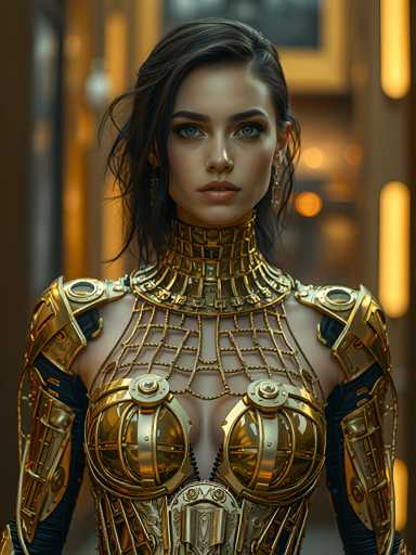 A woman with long dark hair and a gold bodysuit stands in front of a building, her gaze directed straight at the camera.