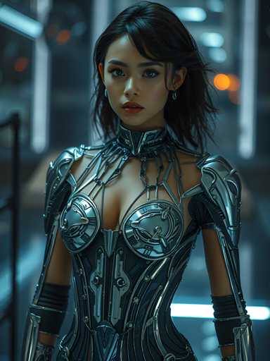 A woman with long dark hair is standing in a room filled with blue lights and white walls. She is wearing a futuristic silver bodysuit that features intricate metalwork on the chest area and arms. The woman's face is partially obscured by her helmet, which has a large visor.