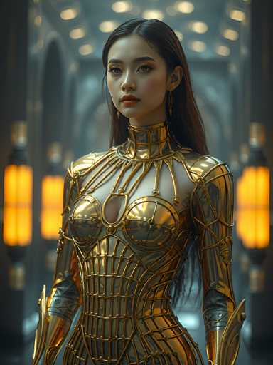 The image depicts a highly detailed, computer-generated scene of a young Asian woman standing in a futuristic, possibly sci-fi setting. She is adorned in a striking, form-fitting gold dress that accentuates her figure, with intricate metal lines and circles adding to the complexity of her attire. The dress features a high collar that extends up to her neck, and her arms are covered in gold armor, complete with gloves that have small spikes on the fingers. Her long, dark brown hair cascades down her back, and she wears red lipstick that contrasts with her fair skin. She also sports long, dangling earrings. The background is blurred, but it appears to be a grand, ornate room with tall ceilings, arched doorways, and large lanterns emitting a warm yellow light. The overall ambiance suggests a scene from a video game or a futuristic movie, with the woman standing confidently in the center of the frame.
