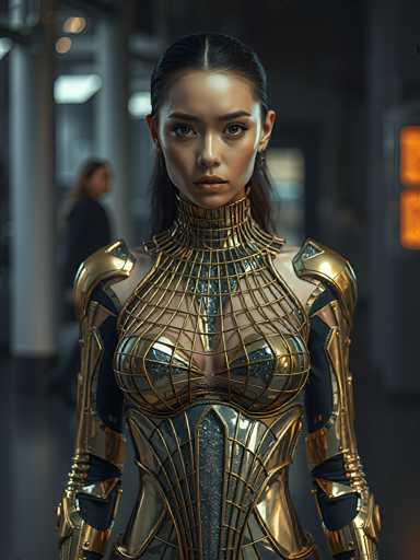 The image depicts a highly detailed, computer-generated scene featuring an Asian woman with long, dark hair pulled back into a ponytail. She is wearing an elaborate, metallic outfit that combines gold and black elements, resembling a superhero costume. The outfit includes a high collar, a chest plate with a grid-like pattern, and shoulder pads. The woman's expression is serious, and she is looking directly at the camera. The background is blurred, suggesting an indoor setting with a gray floor and white columns. There is also a hint of another person in the background, possibly a woman with long hair, but the details are indistinct. The overall composition and the woman's attire suggest a futuristic or sci-fi theme.