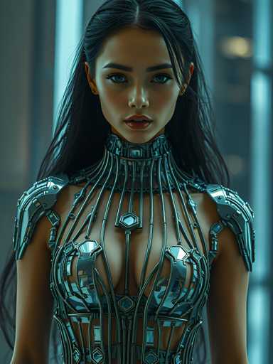 A woman with long dark hair is standing against a white background and wearing a futuristic metallic dress that features intricate silver designs on the bodice and skirt. The image does not contain any discernible text or other objects.