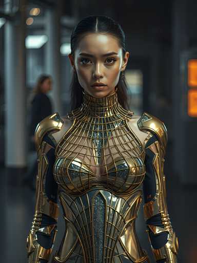 A woman is standing in front of a window with her back turned towards the camera. She is wearing a gold and black costume that includes a corset, bodysuit, and armor-like accessories such as a helmet and chainmail. The background features a gray wall and a white pillar.