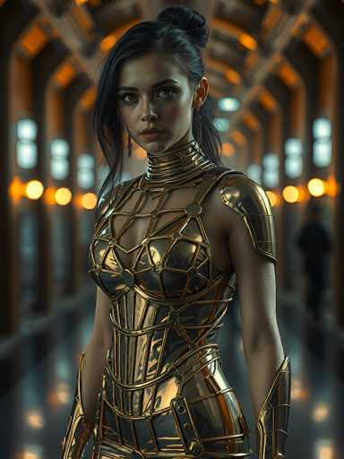 This image features a striking, computer-generated depiction of a woman standing in a long, illuminated hallway. The woman, who appears to be of Caucasian descent, has dark brown hair styled in a bun with long bangs framing her face. Her expressive brown eyes and full lips are accentuated by her direct gaze towards the viewer. She is adorned in an elaborate, metallic gold armor that covers her entire body, including a high collar that extends up to her neck. The armor is intricately designed with a web-like pattern of gold lines that crisscross over her chest, shoulders, and arms, leaving her shoulders and upper arms exposed. The outfit also includes a breastplate and a skirt-like armor that extends down to her thighs. The background is blurred, highlighting the woman's detailed and futuristic appearance against the indistinct, illuminated hallway.