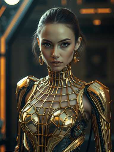 The image depicts a highly detailed, computer-generated female character, possibly from a video game or movie, set in a futuristic environment. She has light brown skin and dark brown hair pulled back into a ponytail, with some wisps framing her face. Her eyes are a striking greenish-brown, and she wears large, gold hoop earrings. Her expression is serious, with her mouth slightly open, revealing her top teeth.

She is adorned in a golden, metallic armor that covers her entire body, including a high collar that extends up to her neck. The armor features intricate designs resembling a spider web, with some sections appearing transparent. The chest plate is particularly detailed, with gold lines forming a pattern that includes a large circle in the center and smaller circles around it. The shoulders of her armor are gold, and there are black tubes running from her shoulders down to her arms, adding to the mechanical aesthetic.

The background is dark and blurry, with indistinct shapes and a few orange lights, enhancing the futuristic and possibly sci-fi atmosphere of the scene.