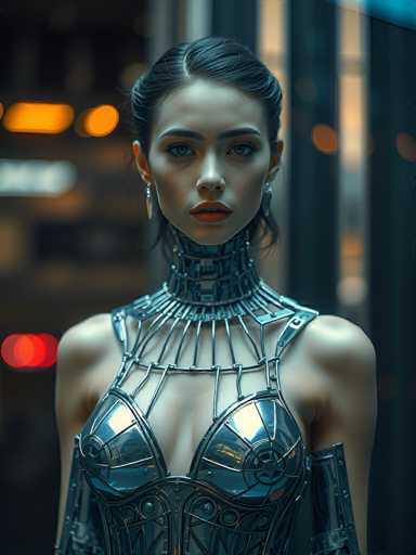 A stunning, close-up portrait of a woman in a futuristic, metallic bodysuit. The suit is intricately detailed with a complex network of silver and chrome-like structures, resembling a combination of armor and futuristic fashion. The design features a high, sculpted collar that frames her face, a low-cut bodice with intricate detailing on the chest, and articulated shoulder pieces. Her skin is fair, and her expression is intense and captivating, with piercing blue eyes looking directly at the viewer. Her dark hair is styled in a sleek updo, and she wears delicate silver earrings. The background is blurred with warm, out-of-focus lights suggesting an urban setting at night, creating a sense of depth and mystery. The overall lighting is dramatic, highlighting the texture and shine of the metallic suit while casting subtle shadows that emphasize her features. The image has a modern, cyberpunk aesthetic with a focus on technological design and futuristic fashion.