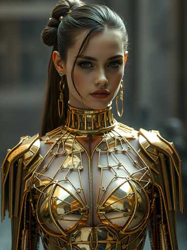 This image features a highly detailed, computer-generated depiction of a young woman, likely in her late teens or early twenties. She has long, dark brown hair, styled with a braid that drapes over her right shoulder, and a single strand of hair falls over her left eye. Her striking blue eyes are accentuated with dark eyeliner, and she wears a subtle, yet noticeable, shade of red lipstick. 

Her attire is reminiscent of a warrior princess, with a golden, metallic dress that exudes an ancient, regal aesthetic. The dress is adorned with intricate gold lines and features a prominent zipper running down the center of her chest. A gold choker with vertical lines encircles her neck, adding to the regal appearance. She also wears large, dangling gold earrings that complete her warrior princess look. 

The background is a blurred gray, ensuring that the focus remains entirely on the woman. The overall image has a slightly cartoonish quality, enhancing the fantastical and warrior-like essence of the character.