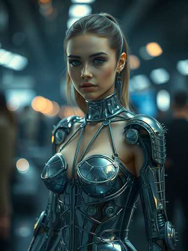 The image depicts a highly detailed, computer-generated scene of a young woman, likely in her early 20s, with a striking appearance. She has long brown hair pulled back into a ponytail, with some strands cascading down the sides of her face. Her complexion is fair, and she has blue eyes, accentuated by dark eyebrows and red lips. She is adorned with long, dangling earrings that resemble arrows.

The woman is dressed in a futuristic, metallic outfit that combines elements of armor and a dress. The ensemble features a high collar that extends up to her neck, with intricate metal straps crisscrossing her chest and arms. The armor-like attire includes breastplates and shoulder pads, with visible wires and metal components adding to its complexity. The outfit is primarily silver, with some black accents, and it appears to be form-fitting, highlighting her figure.

The background of the image is blurred, suggesting a setting with various lights and possibly other people, but the focus remains sharply on the woman. The overall aesthetic of the image is reminiscent of a scene from a video game or a sci-fi movie, emphasizing the futuristic and somewhat otherworldly nature of the woman's appearance.