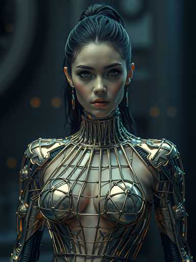 The image depicts a highly detailed, computer-generated female character that appears to be from a video game or movie. She has long, dark hair styled in a bun with loose strands framing her face. Her striking green eyes are accentuated by thick black eyeliner, and her lips are painted a vivid red. She wears long, dangling earrings that add to her futuristic appearance.

Her attire is a blend of human and robotic elements. The upper part of her body is covered by a metallic, cage-like structure that extends from her neck down to her waist, with intricate gold and silver lines crisscrossing over her chest and arms. This armor-like outfit reveals her bare arms and shoulders, and her chest is partially exposed, with the metal covering her breasts. The overall design gives her a sleek, futuristic look, reminiscent of a character from a sci-fi movie like "Alita: Battle Angel."