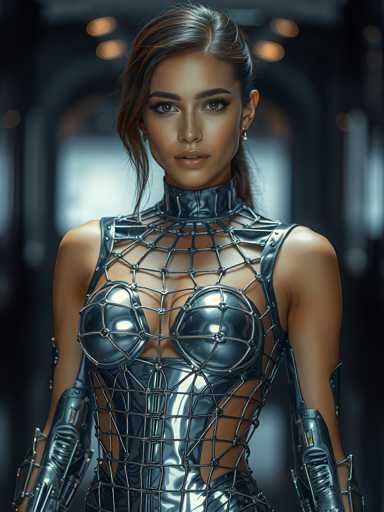 A woman is standing in front of a doorway with her arms crossed and looking directly at the camera. She is wearing a futuristic-looking outfit that includes a corset made of metal wires and a top with a mesh pattern. The background appears to be a hallway or corridor, suggesting an indoor setting.