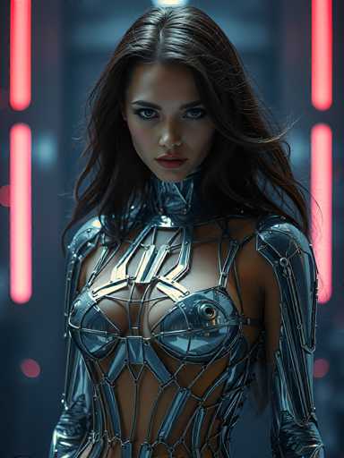 The image depicts a highly detailed, computer-generated scene of a woman with long, dark brown hair, parted in the middle, and striking blue eyes. She is wearing a futuristic, metallic outfit that combines elements of a dress and armor, with a design reminiscent of a superhero costume. The outfit features a clear, plastic-like material with intricate metal bars and straps, particularly around the chest area, which is open to reveal her skin. The armor-like structure extends from her neck down to her waist, with additional metal bars and straps crisscrossing her torso. The background is a dark, grayish-blue hue, illuminated by four glowing red neon lights arranged vertically on either side of her. The woman is looking directly at the viewer, her expression serious and focused, with her lips slightly parted. The overall aesthetic is futuristic and somewhat cyberpunk, blending elements of high fashion with advanced technology.