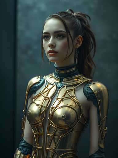 The image depicts a highly detailed, computer-generated or AI-generated artwork of a young woman, possibly in her late teens or early twenties. She has long brown hair, with a single strand cascading over her face, and the rest tied back in a ponytail. Her complexion is fair, and she has striking blue eyes, accentuated by black eyeliner and mascara. Her lips are painted a vivid red, and she wears a subtle blush on her cheeks.

She is adorned in a golden armor that covers her torso, with intricate designs and a low neckline that reveals her cleavage. The armor features black accents around the shoulders, elbows, and wrists, and a black collar around her neck. The image captures her from the waist up, with her arms resting at her sides. The background is a dark gray, adding to the overall dramatic and somewhat mysterious atmosphere of the artwork.
